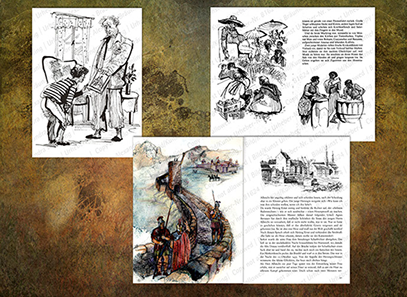 ILLUSTRATION |  Jugendbuch, Abenteuer in fernen Landen (u. a. für Verlage Patmos, Loewes, Schaffstein); Tusche, Frottage (farbig) 