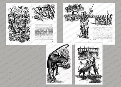 ILLUSTRATION |  Jugendbuch, Abenteuer in fernen Landen (u. a. für Verlage Loewes, Ensslin); Fabeln. Tusche auf gekörntem Spezialpapier 