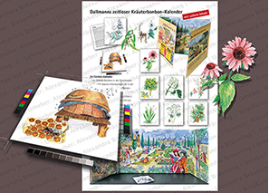 populärwiss. ILLUSTRATION |  Mit Bonbons gefüllter Klapp-Kalender und das Zubehör;  populärwissenschaftliche Arbeiten für einen Kräuterbonbonh 