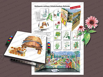 populärwiss. ILLUSTRATION |  Mit Bonbons gefüllter Klapp-Kalender und das Zubehör;  populärwissenschaftliche Arbeiten für einen Kräuterbonbonh 