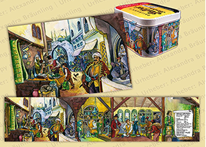 ILLUSTRATION |  illustrativer historischer Ablauf über die Verwendung von Heilkräutern (Motive: Mittelalter, Orient und Okzident u.a.); Fries 