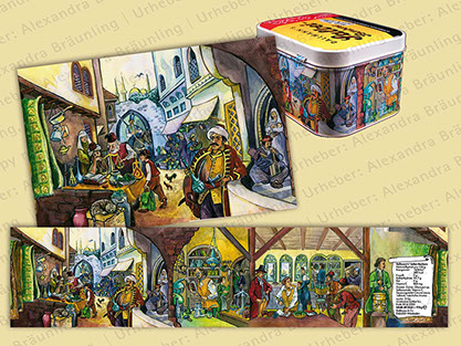 ILLUSTRATION |  illustrativer historischer Ablauf über die Verwendung von Heilkräutern (Motive: Mittelalter, Orient und Okzident u.a.); Fries 