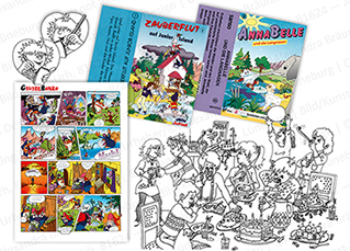 ILLUSTRATION |  Comicstil; 	 - Hörspielkassetten-Cover u. Begleithefte zu diversen namhaften Marken.  - Ausmalbilder für eine Krankenhausfibel