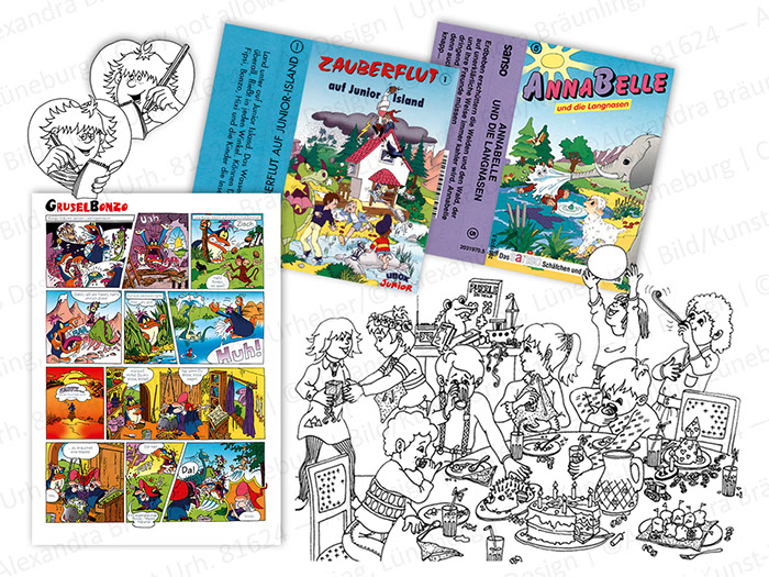 ILLUSTRATION |  Comicstil; 	 - Hörspielkassetten-Cover u. Begleithefte zu diversen namhaften Marken.  - Ausmalbilder für eine Krankenhausfibel
