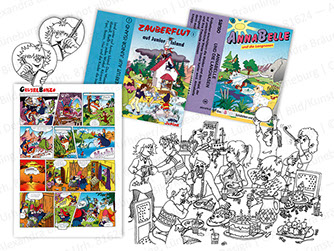 ILLUSTRATION |  Comicstil; 	 - Hörspielkassetten-Cover u. Begleithefte zu diversen namhaften Marken.  - Ausmalbilder für eine Krankenhausfibel