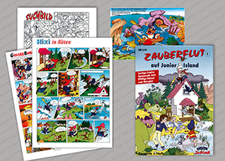 ILLUSTRATION |  Comicstil; Begleithefte für Kinder, Beigabe beim Erwerb eines Lebensmittel-Produkts. 	 Dazu gehören Hörspiel-Kassetten 