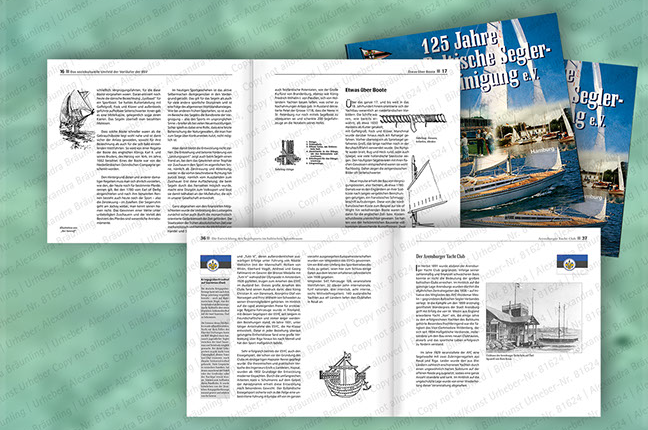 Covergestaltung und Layout: Jubiläumsschrift für einen großen Segelverein mit den Gruppen Hamburg, Steinhude, Berlin. Innengestaltung, EBV, Illu