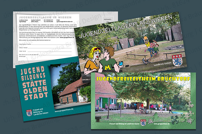 Karten für diverse Anlässe: Werbekarten, hier verschiedene Flyer für Anmeldungen in diverse Ferienlager des Landkreises (Jugendamt Uelzen).