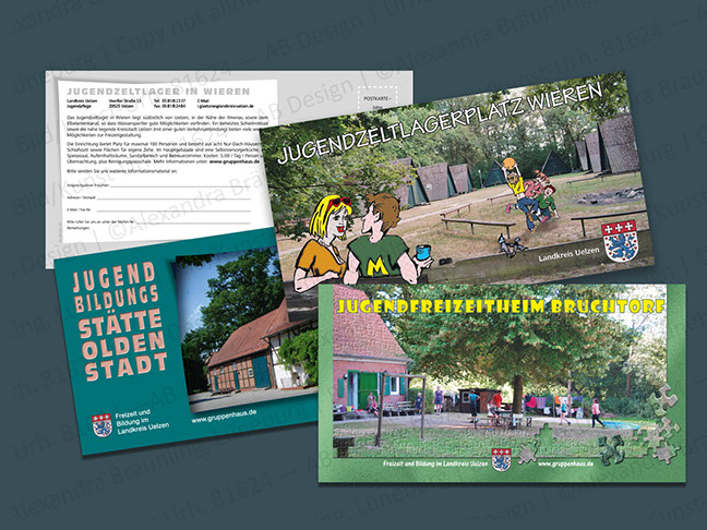 Karten für diverse Anlässe: Werbekarten, hier verschiedene Flyer für Anmeldungen in diverse Ferienlager des Landkreises (Jugendamt Uelzen).